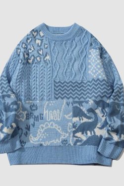 Style Core Aesthetics, New Style Trends Dinosaur Pattern Stitching Sweater