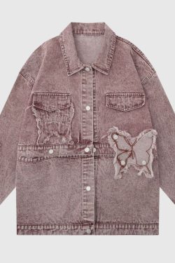 Style Core Aesthetics, New Style Trends Distressed Denim Butterfly Embroidered Jacket