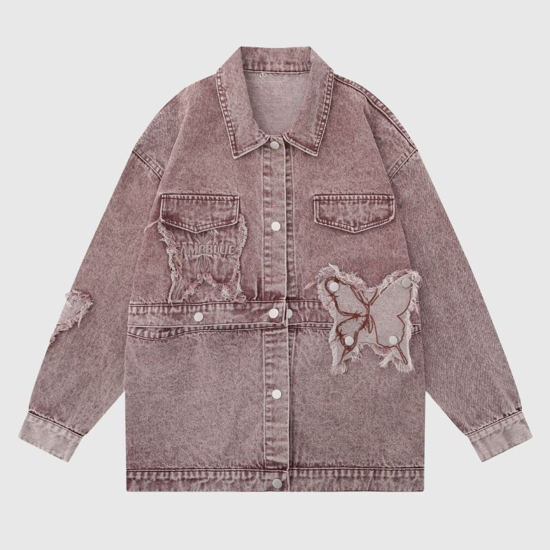 Style Core Aesthetics, New Style Trends Distressed Denim Butterfly Embroidered Jacket Style Core Aesthetics, New Style Trends Distressed Denim Butterfly Embroidered Jacket
