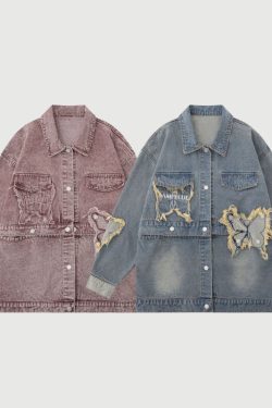 Style Core Aesthetics, New Style Trends Distressed Denim Butterfly Embroidered Jacket