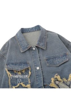 Style Core Aesthetics, New Style Trends Distressed Denim Butterfly Embroidered Jacket