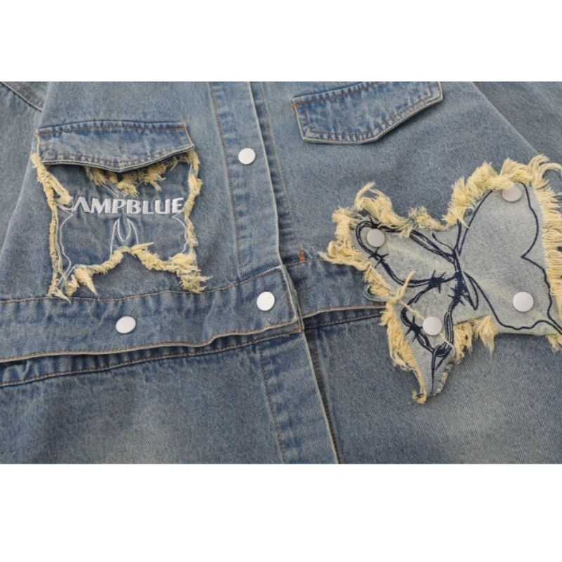 Style Core Aesthetics, New Style Trends Distressed Denim Butterfly Embroidered Jacket Style Core Aesthetics, New Style Trends Distressed Denim Butterfly Embroidered Jacket