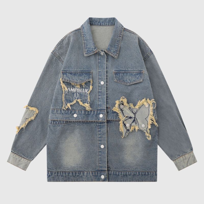 Style Core Aesthetics, New Style Trends Distressed Denim Butterfly Embroidered Jacket Style Core Aesthetics, New Style Trends Distressed Denim Butterfly Embroidered Jacket