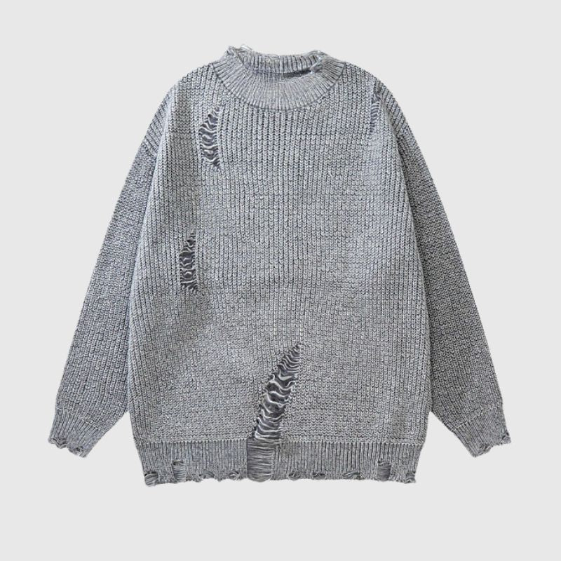 Style Core Aesthetics, New Style Trends Distressed Design Round Neck Sweater Style Core Aesthetics, New Style Trends Distressed Design Round Neck Sweater