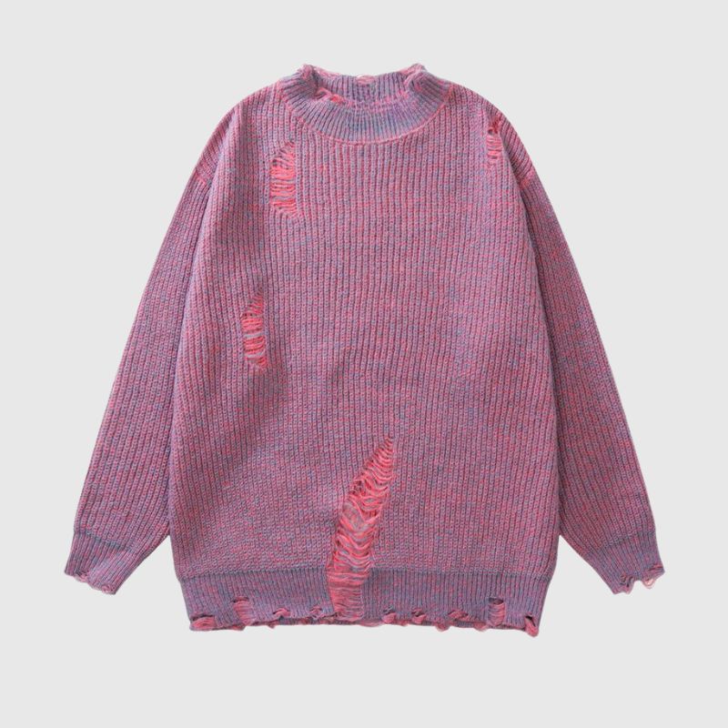 Style Core Aesthetics, New Style Trends Distressed Design Round Neck Sweater Style Core Aesthetics, New Style Trends Distressed Design Round Neck Sweater