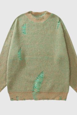 Style Core Aesthetics, New Style Trends Distressed Design Round Neck Sweater