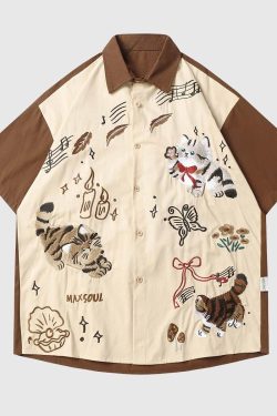 Style Core Aesthetics, New Style Trends Embroidered Cat Cotton Shirt
