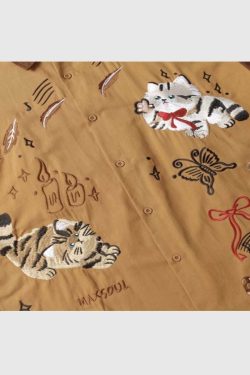 Style Core Aesthetics, New Style Trends Embroidered Cat Cotton Shirt
