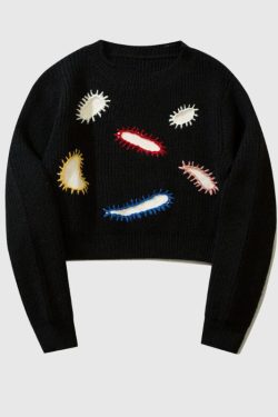 Style Core Aesthetics, New Style Trends Embroidered Patchwork Cute Short Knit Sweater