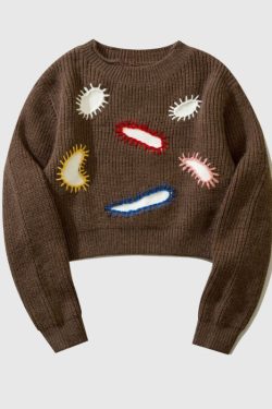 Style Core Aesthetics, New Style Trends Embroidered Patchwork Cute Short Knit Sweater