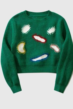 Style Core Aesthetics, New Style Trends Embroidered Patchwork Cute Short Knit Sweater