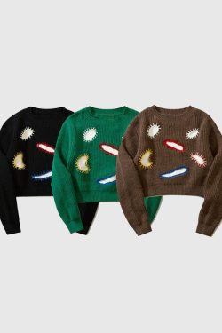 Style Core Aesthetics, New Style Trends Embroidered Patchwork Cute Short Knit Sweater