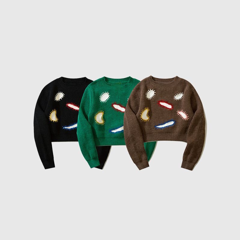 Style Core Aesthetics, New Style Trends Embroidered Patchwork Cute Short Knit Sweater Style Core Aesthetics, New Style Trends Embroidered Patchwork Cute Short Knit Sweater