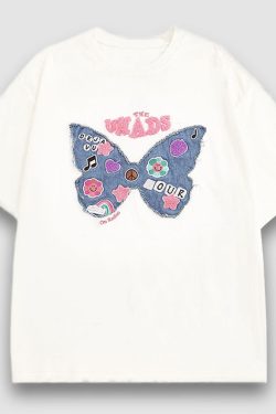 Style Core Aesthetics, New Style Trends Embroidery Butterfly Denim Patch Tee