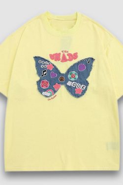 Style Core Aesthetics, New Style Trends Embroidery Butterfly Denim Patch Tee