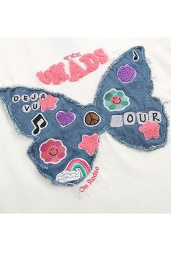 Style Core Aesthetics, New Style Trends Embroidery Butterfly Denim Patch Tee