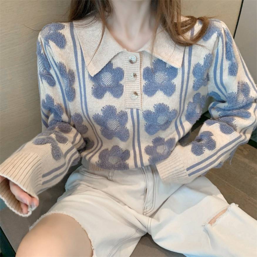 Style Core Aesthetics, New Style Trends Floral Pattern Polo-Collar Sweater Style Core Aesthetics, New Style Trends Floral Pattern Polo-Collar Sweater
