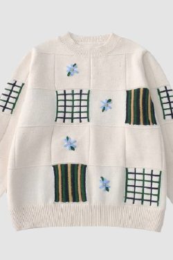 Style Core Aesthetics, New Style Trends Flower Embroidered Check Jacquard Sweater