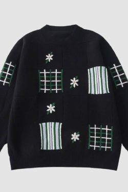 Style Core Aesthetics, New Style Trends Flower Embroidered Check Jacquard Sweater