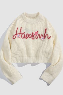 Style Core Aesthetics, New Style Trends Flower & Letter Pattern Cropped Sweater