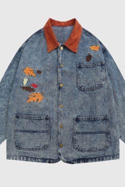 Style Core Aesthetics, New Style Trends Foliage Embroidered Multi-Pocket Denim Jacket