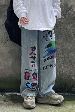 Style Core Aesthetics, New Style Trends Funny Graffiti Straight-Leg Jeans