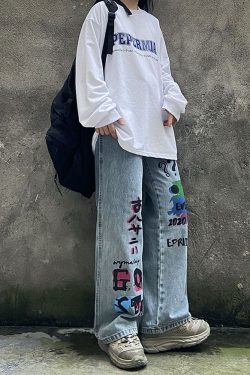 Style Core Aesthetics, New Style Trends Funny Graffiti Straight-Leg Jeans