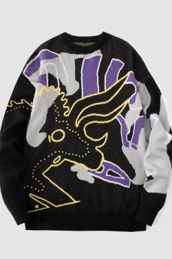 Style Core Aesthetics, New Style Trends Horse Graffiti Color Block Sweater