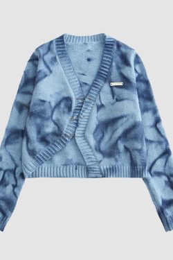 Style Core Aesthetics, New Style Trends Irregular Hem Tie-dye Cropped Cardigan Sweater