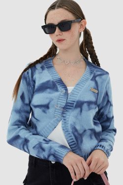 Style Core Aesthetics, New Style Trends Irregular Hem Tie-dye Cropped Cardigan Sweater