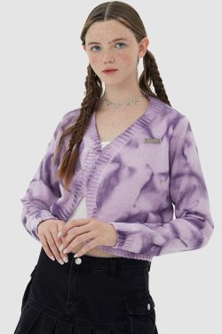 Style Core Aesthetics, New Style Trends Irregular Hem Tie-dye Cropped Cardigan Sweater