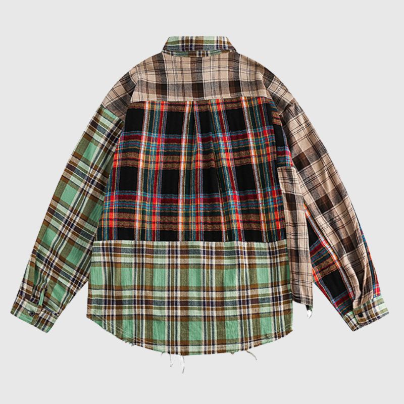 Style Core Aesthetics, New Style Trends Irregular Plaid Patchwork Shirt Style Core Aesthetics, New Style Trends Irregular Plaid Patchwork Shirt