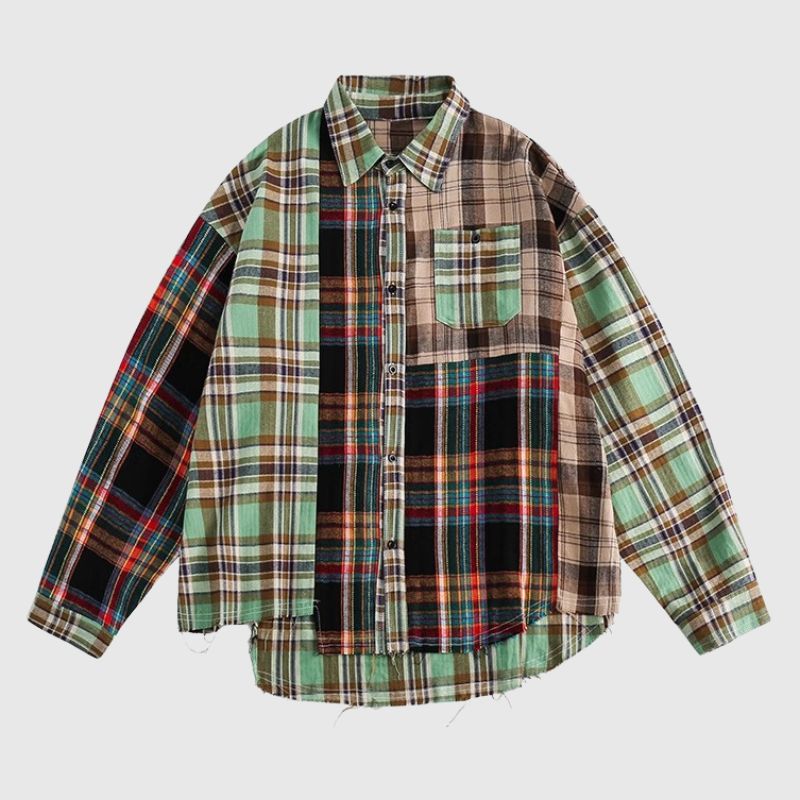 Style Core Aesthetics, New Style Trends Irregular Plaid Patchwork Shirt Style Core Aesthetics, New Style Trends Irregular Plaid Patchwork Shirt