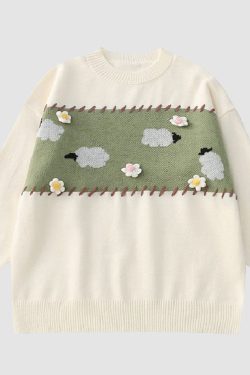 Style Core Aesthetics, New Style Trends Knit Flower & Sheep Pattern Sweater