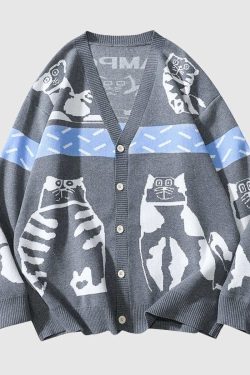 Style Core Aesthetics, New Style Trends Lazy Cat Pattern Cardigan