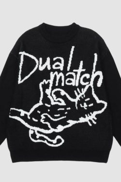 Style Core Aesthetics, New Style Trends Letter & Cat Pattern Sweater