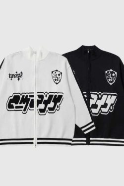 Style Core Aesthetics, New Style Trends Letter Jacquard Patchwork Knit Cardigan