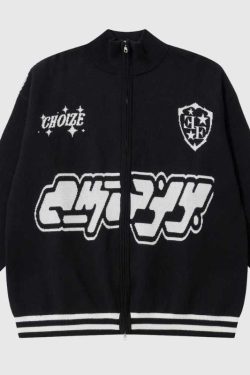 Style Core Aesthetics, New Style Trends Letter Jacquard Patchwork Knit Cardigan