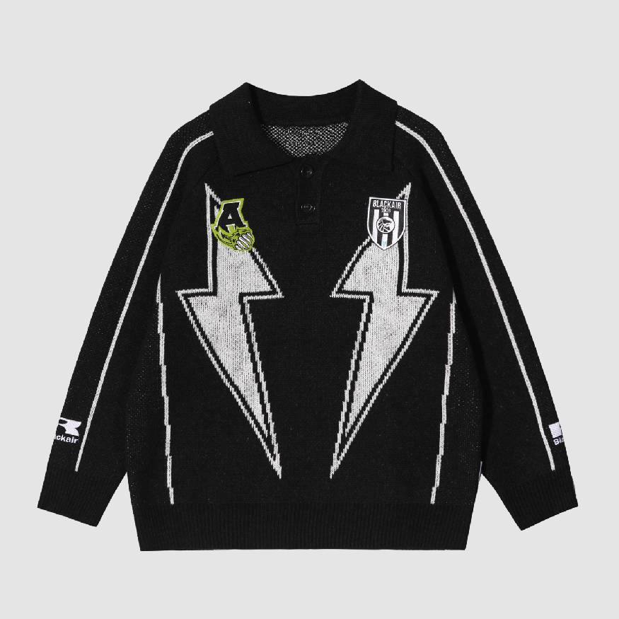 Style Core Aesthetics, New Style Trends Lightning Pattern Collared Sweater Style Core Aesthetics, New Style Trends Lightning Pattern Collared Sweater
