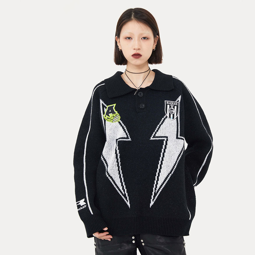 Style Core Aesthetics, New Style Trends Lightning Pattern Collared Sweater Style Core Aesthetics, New Style Trends Lightning Pattern Collared Sweater