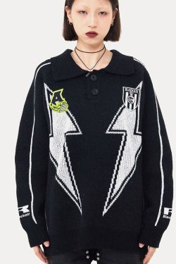 Style Core Aesthetics, New Style Trends Lightning Pattern Collared Sweater