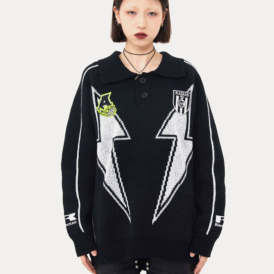Style Core Aesthetics, New Style Trends Lightning Pattern Collared Sweater Style Core Aesthetics, New Style Trends Lightning Pattern Collared Sweater