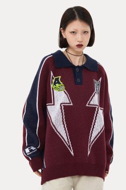 Style Core Aesthetics, New Style Trends Lightning Pattern Collared Sweater