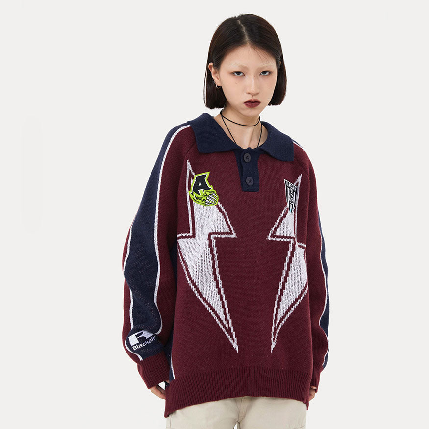 Style Core Aesthetics, New Style Trends Lightning Pattern Collared Sweater Style Core Aesthetics, New Style Trends Lightning Pattern Collared Sweater