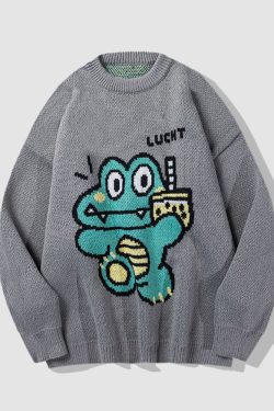 Style Core Aesthetics, New Style Trends Milk Tea Dinosaur Print Sweater