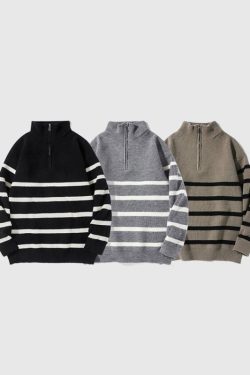 Style Core Aesthetics, New Style Trends Mock Neck Lapel Stripe Pullover