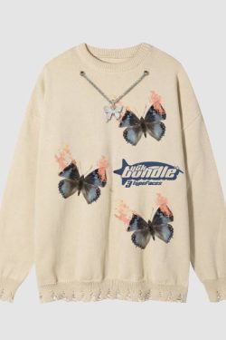 Style Core Aesthetics, New Style Trends Necklace Decor Butterfly Print Sweater