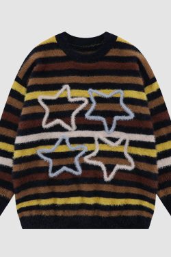 Style Core Aesthetics, New Style Trends Pentagram Pattern Striped Fuzzy Sweater