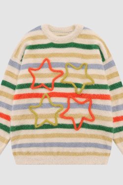 Style Core Aesthetics, New Style Trends Pentagram Pattern Striped Fuzzy Sweater
