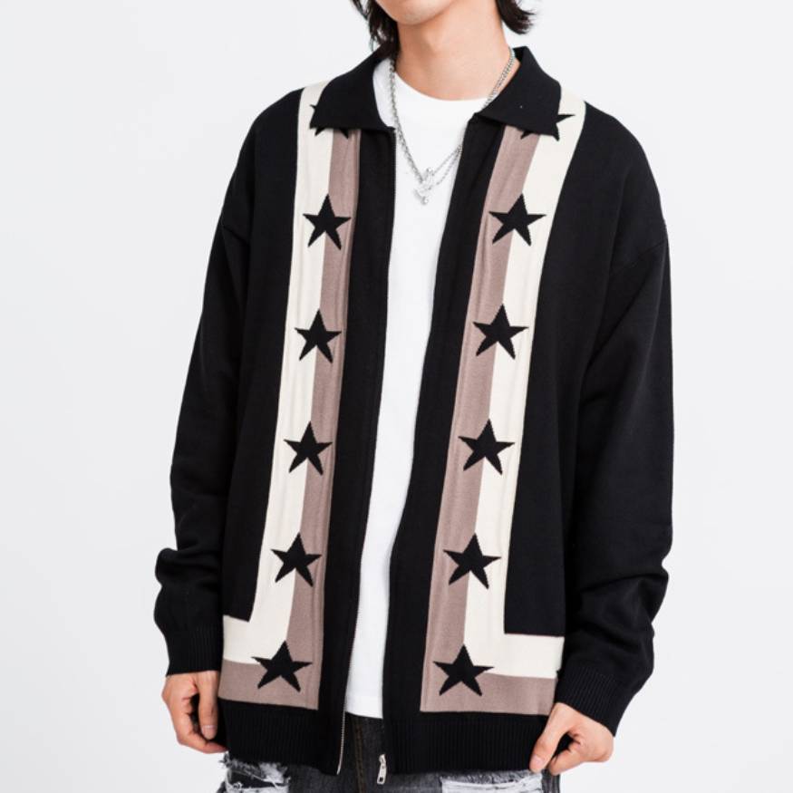 Style Core Aesthetics, New Style Trends Pentagram Striped Collared Cardigan Sweater Style Core Aesthetics, New Style Trends Pentagram Striped Collared Cardigan Sweater